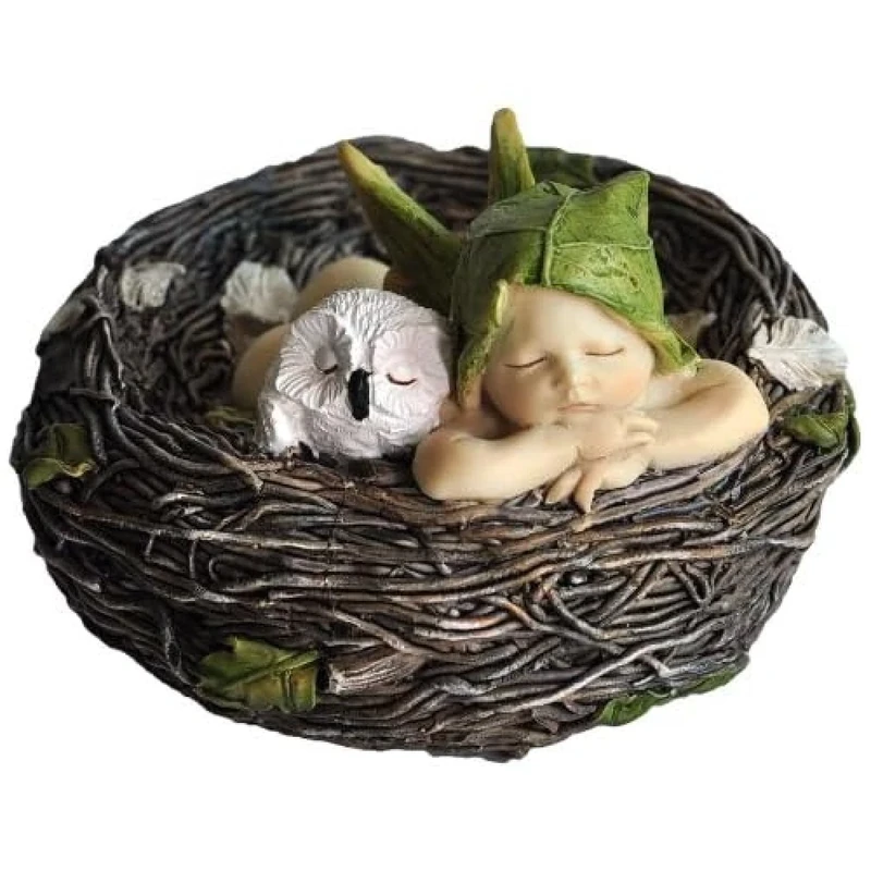 Top Collection 4202 Sleeping Fairy Baby with Owl in Nest Figurines, White, Brown, Cream, Green - Image 1