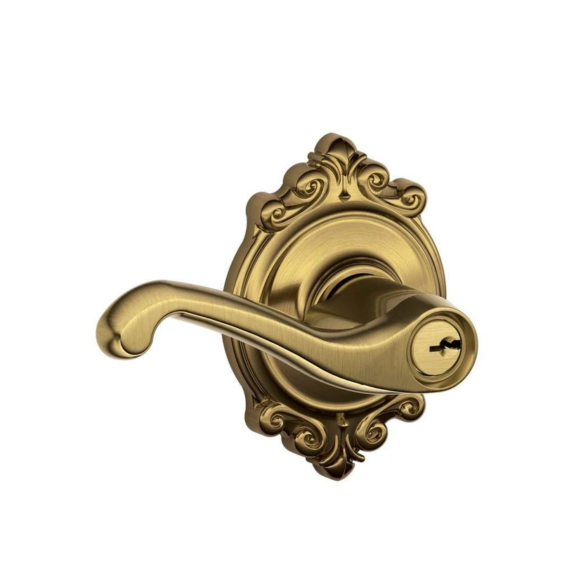 Schlage F51A FLA 609 BRK Brookshire Collection Flair Keyed Entry Lever, Antique Brass
