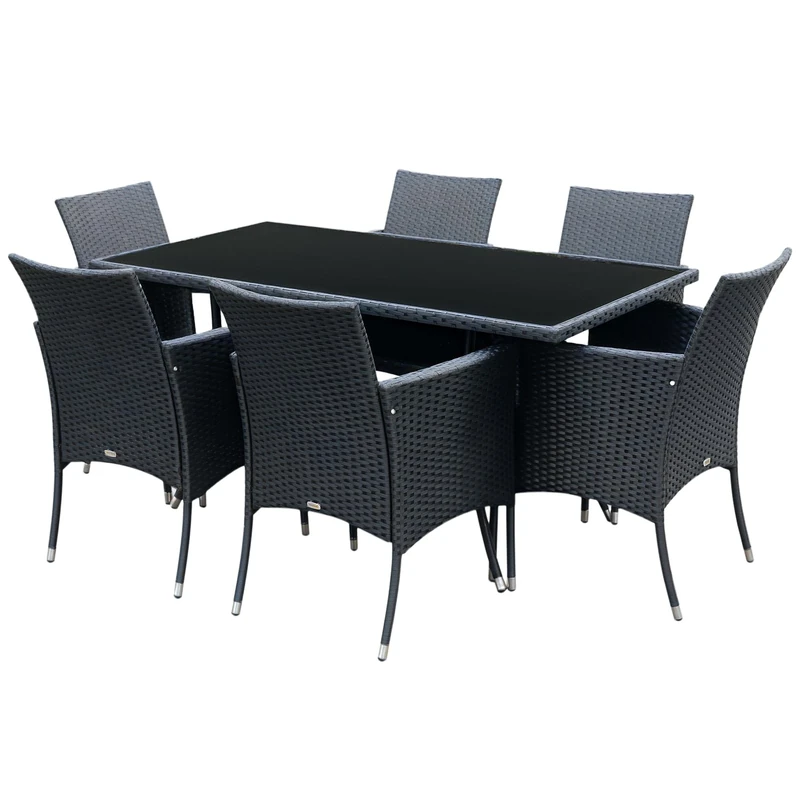Outsunny 7-Piece Rattan Garden Furniture Set with Cushions, 6 Seater Garden Table and Chairs, Rattan Dining Set with 6 Armchairs, Rectangular Glass Top Table, Black