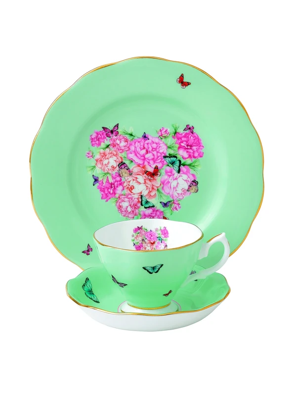 Royal Albert Miranda Kerr 40001837 Blessings Teacup, Saucer & 20cm Side Plate 3 Pc Set, Bone China, Green