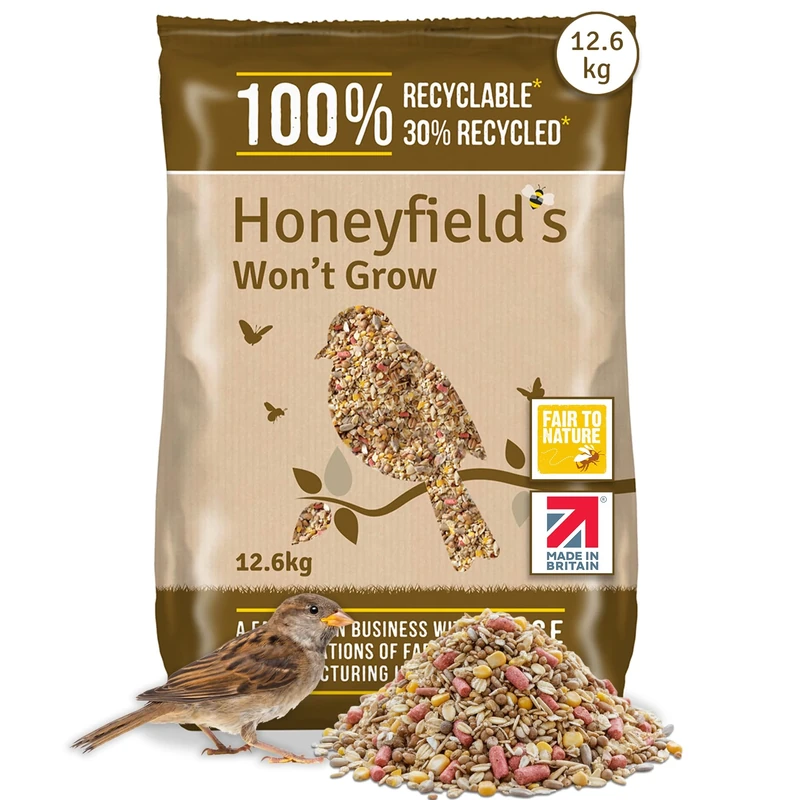 No Grow Bird Seed Mix for Wild Birds - Wild Bird Food for Small Birds for Patios and Non-Grass Areas, Kibbled Sunflower Hearts, Kibbled Peanuts, Ground Feeding and Bird Tables (12.6kg) - Honeyfield’s