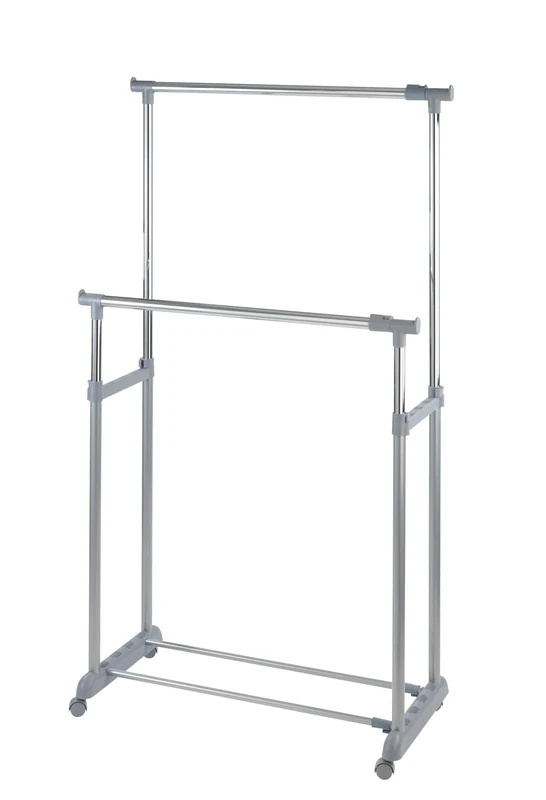 WENKO 4364500100 Clothes rack Twin Bars - 2 clothes rails, 1 shelf, heights-adjustable, 4 castors, Chrome plated metal, 95-163 x 98-168 x 44 cm, Chrome