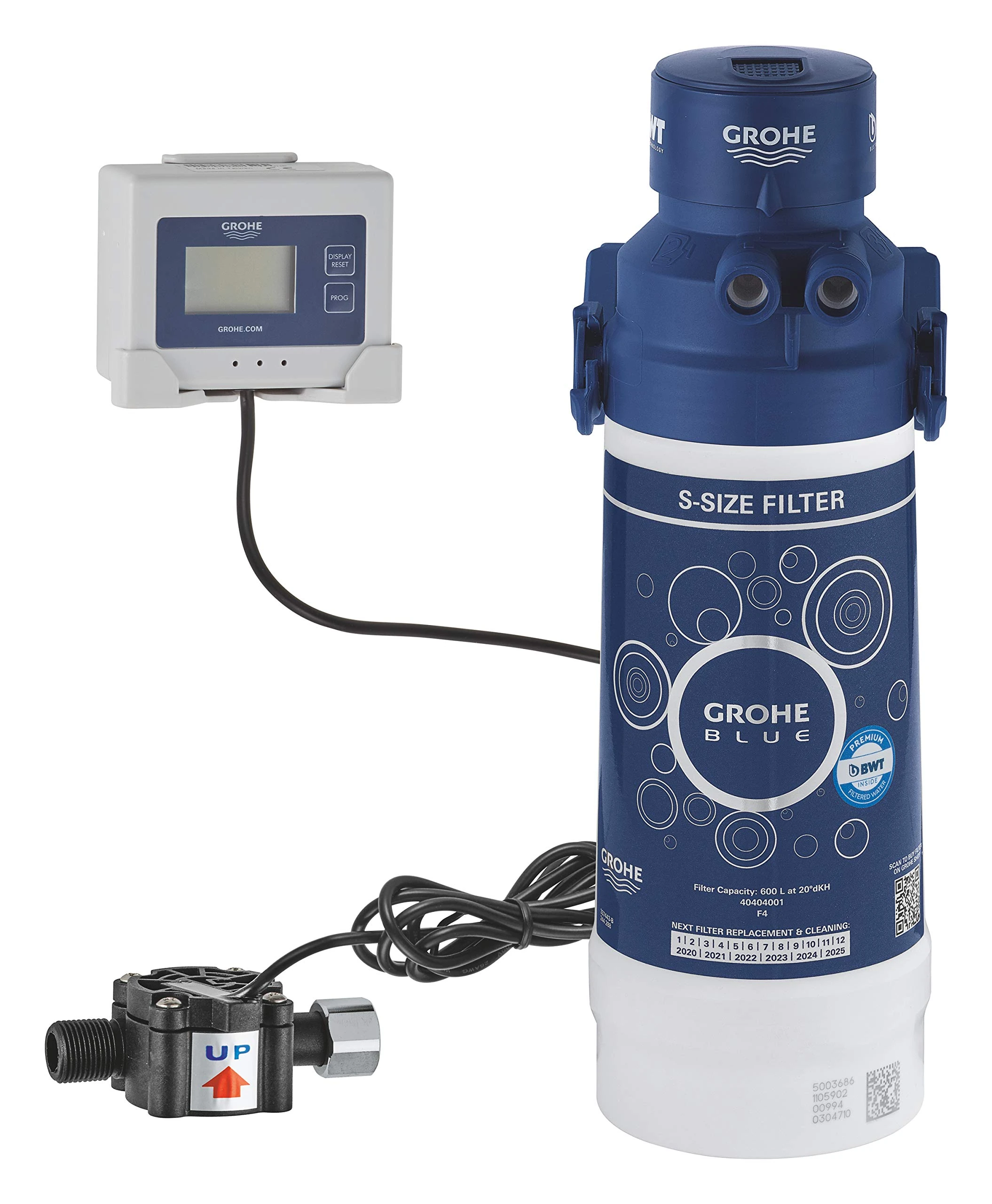 GROHE Blue S-Size Filter Starter Set (Head, Cartridge Capacity 600 L, Flow Meter Including 2 x AA Batteries), for Use with Blue Pure and Red Water Systems Taps, 40438001