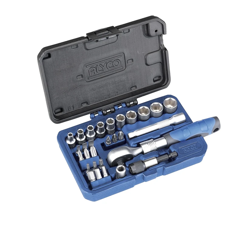 Alyco 192195 Socket Wrench Set, 29-Pieces, 1/4 Inch Drive with Extendible Wrench, Adaptors, Tips and Plastic Case