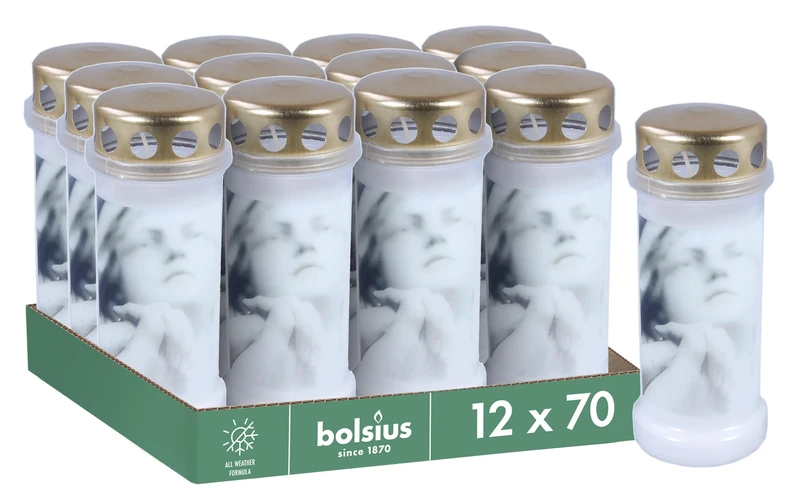 Bolsius Grave Light – White – Pack of 12 – Length Burning Time 70 Hours – Funeral Candle & Memorial Candles – Permanent Burner – with Motif – Unscented – Without Palm Oil – No. 6