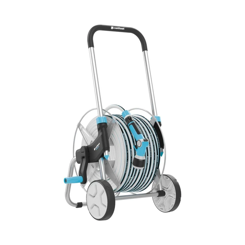 Cellfast Set Explorer 50m, Metal Hose Cart with Garden Hose MULTIFLEX ATSV™ 50m 1/2", Includes Sprinkler, 2 Connectors and Connection Set, High Quality Steel and Aluminium, 55-060
