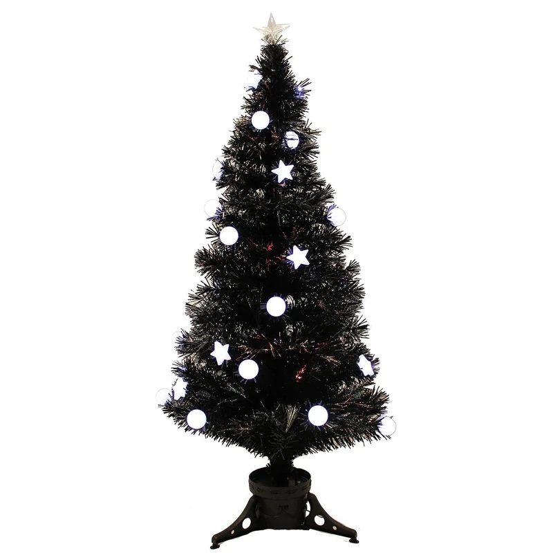 WeRChristmas 120 cm Black Pre-Lit Multi-Colour Fibre Optic Christmas Tree with 20 LED White Stars Baubles and Topper, Pack of 1