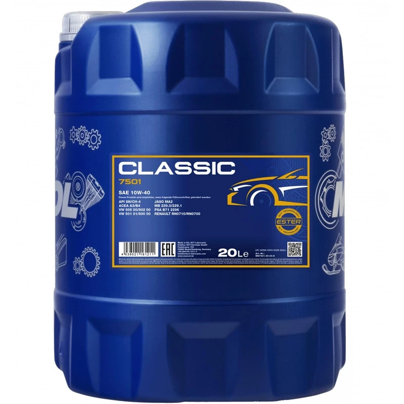 Mannol 20 Litre Classic 10W-40 Engine Oil 7501 API SN/CH-4 ACEA A3/B4 Universal HC-Synthese Ester Technology