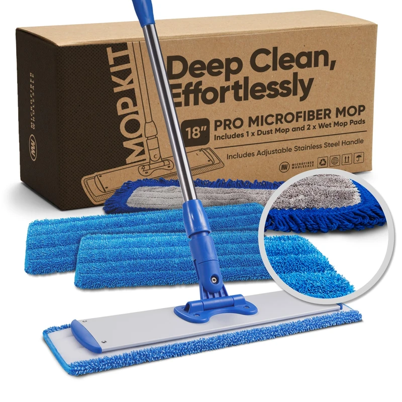 18" Professional Microfiber Mop | Stainless Steel Handle | Premium Mop Pads
