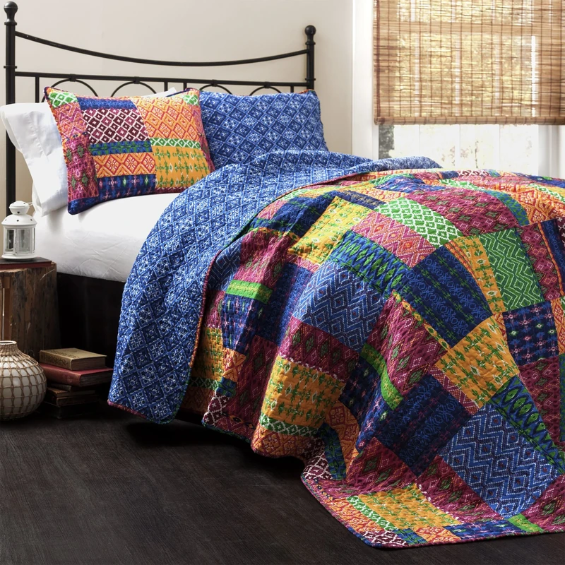 Lush Decor Misha 3-Piece Quilt Set, Fuchsia, Cotton, Fuchisa/Navy, Full/Queen