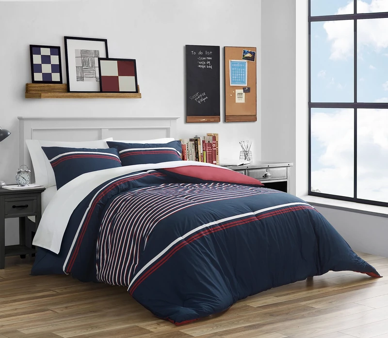 Nautica 100% Cotton Cozy & Soft, Durable & Breathable Reversible Duvet Cover with Matching Shams, 3-Piece Bedding Set, Navy, Twin/Twin XL
