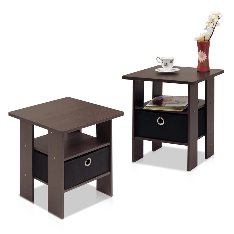 Furinno ANDREY Set of 2, Side Table with Storage Bin, Dark Brown
