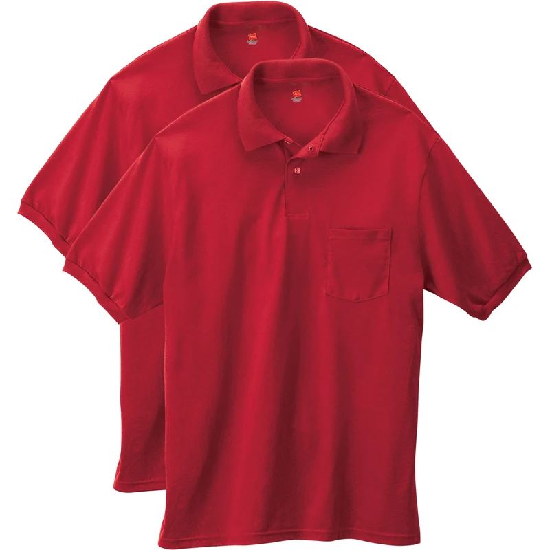 Hanes Men's 2 Pack Short Sleeve Jersey Pocket Polo, Deep Red, Small