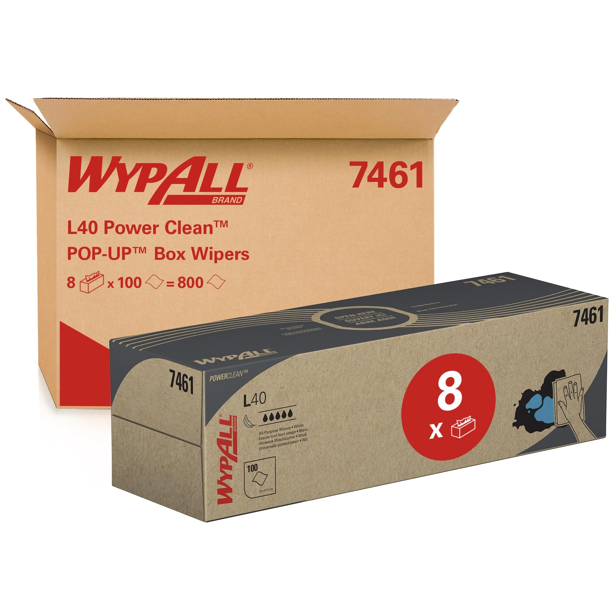 WypAll L40 Power Clean 7461 POP-UP Box Wipers, Industrial 1-Ply White Cleaning Towels with Fast Absorption & DRC Strength, 8 Boxes x 100 Sheets (800 Total)