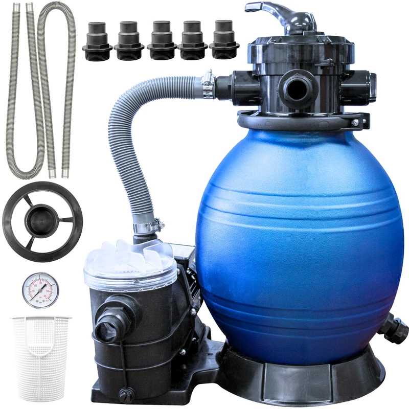 Swimline HYDROTOOLS 12 Inch Sand Filter Combo Set With Stand & Multi Port Valve |0.3 THP DOE Compliant Pump 2220 GPH | Up to 9000 Gallons | 42 Pound Sand Capacity, FILTRATION - Image 1