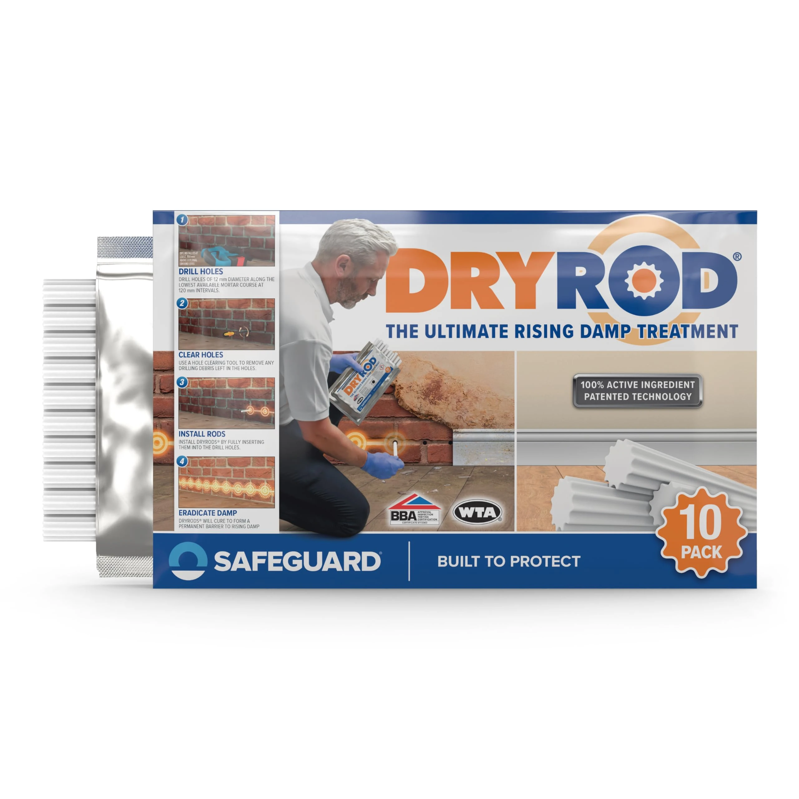 Dryrod Damp Proofing Rods (10 Pack) - BBA-Approved Rising Damp Treatment, Stronger Than DPC Injection Creams. Coverage 1.2m