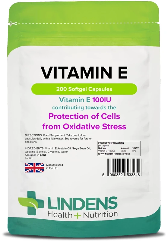 Lindens Vitamin E Oil 100IU - 200 Capsules - UK Made - Skin - Powerful Antioxidant | Protection of Cells from Oxidative Stress | Vitamin E Capsules | Letterbox Friendly