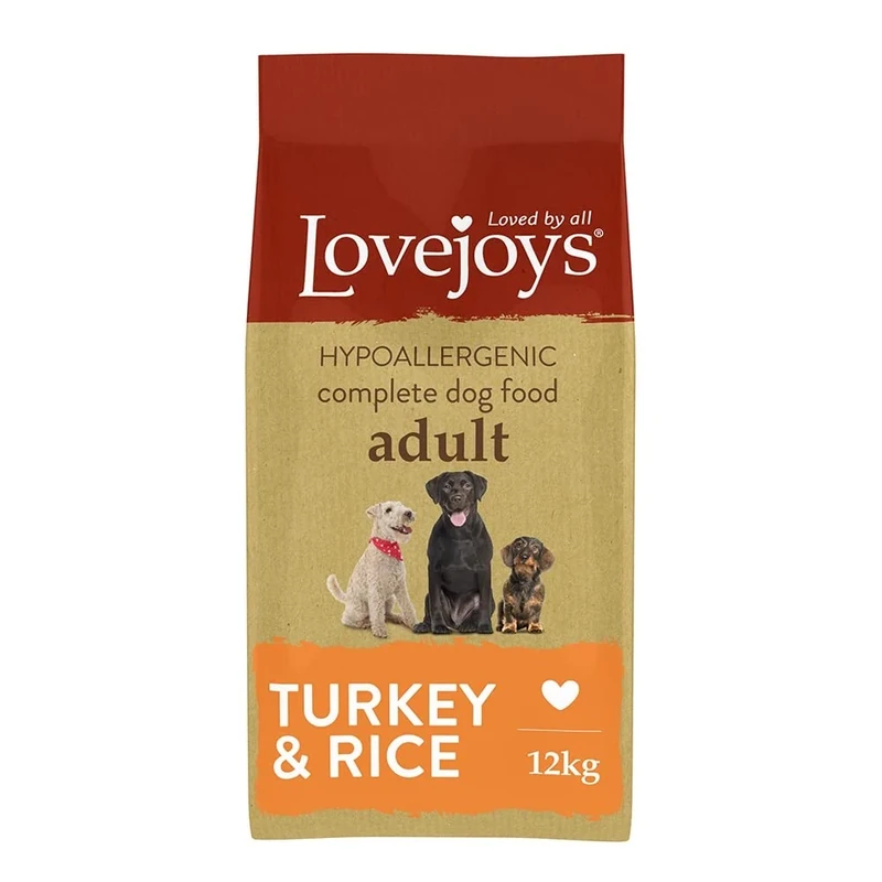 Lovejoys Complete Dry Dog Food Hypoallergenic Recipe, Turkey & Rice, 12kg - Wheat-Free Dried Dog Biscuits and Sensitive Dog Food Dry