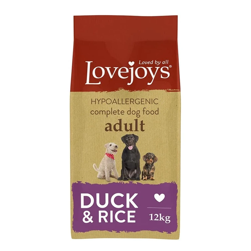 Lovejoys Complete Dry Dog Food Hypoallergenic Recipe, Duck & Rice, 12kg - Wheat-Free Dried Dog Biscuits and Sensitive Dog Food Dry