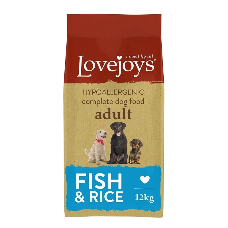 Lovejoys Complete Dry Dog Food Hypoallergenic Recipe, Fish & Rice, 12kg - Wheat-Free Dried Dog Biscuits and Sensitive Dog Food Dry