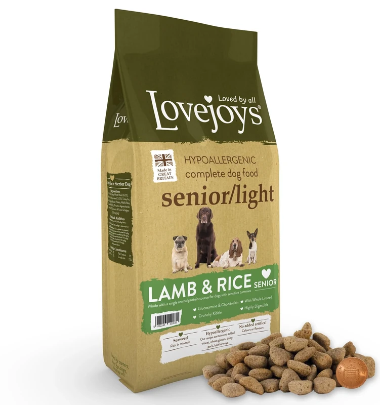 Lovejoys Light/Senior Dry Dog Food Hypoallergenic, Lamb & Rice, 12kg - Complete Dog Kibble, Low Fat, Low Protein, Gluten Free Dog Food for Sensitive Stomach