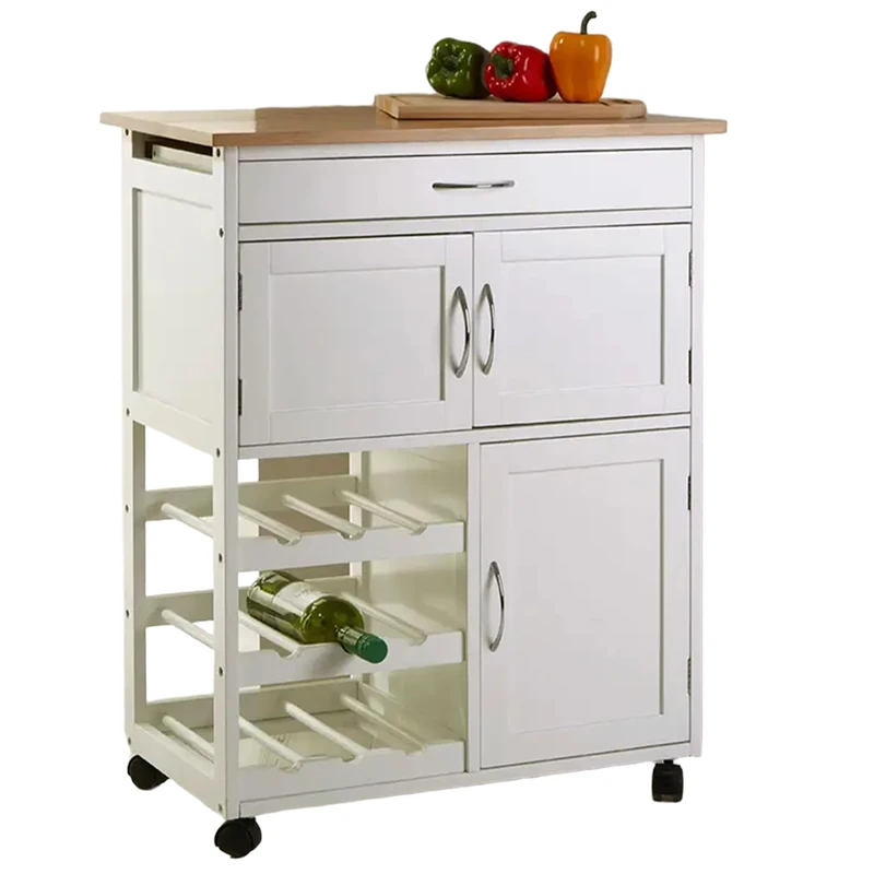 Premier Housewares White Kitchen Island Freestanding with Bamboo Top | Kitchen Storage Trolley on Wheels | Movable Kitchen Storage Cabinet