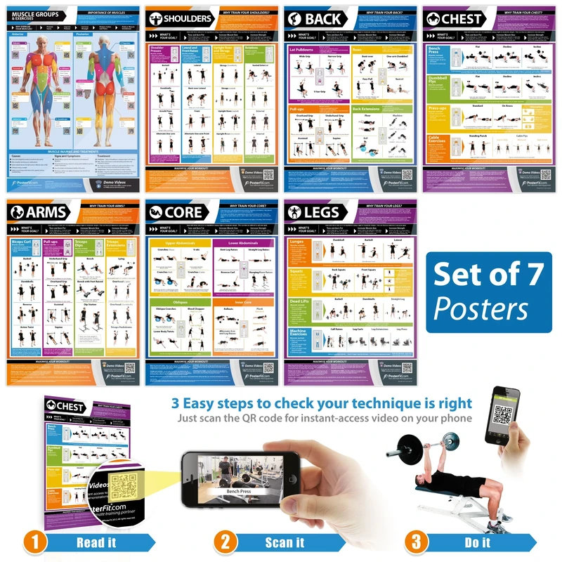 Gym and Muscle Building Workout Posters - Set of 7 - EXTRA LARGE - A1 (841mm x 594mm) - Laminated - Exercise & Fitness Charts - Includes Video Training Support by Posterfit