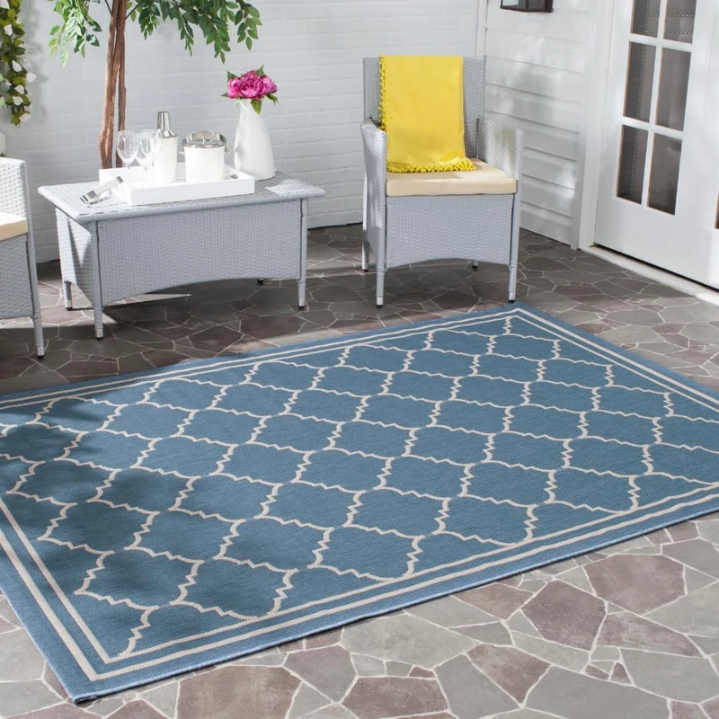 Safavieh Trellis Indoor/Outdoor Woven Rectangle Area Rug, Courtyard Collection, CY6889, in Blue / Beige, 122 X 170 cm for Garden, Patio or Any Outdoor Space