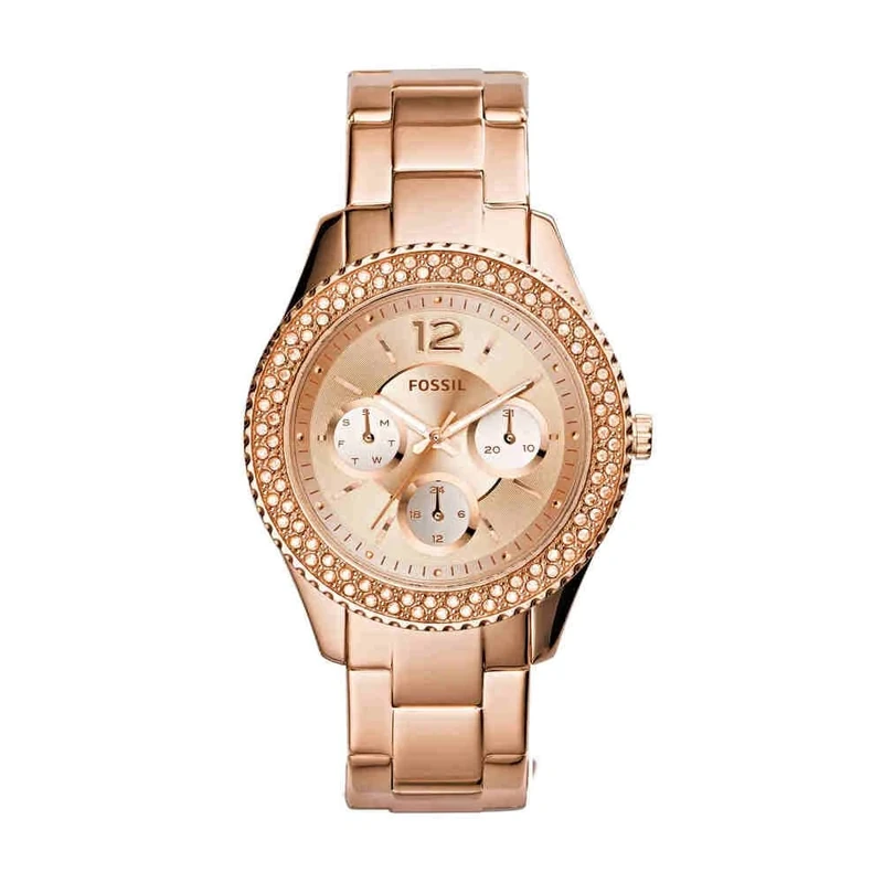Fossil Watch for Women Stella, Quartz Multifunction Movement, 38 mm Rose Gold Stainless Steel Case with a Stainless Steel Strap, ES3590