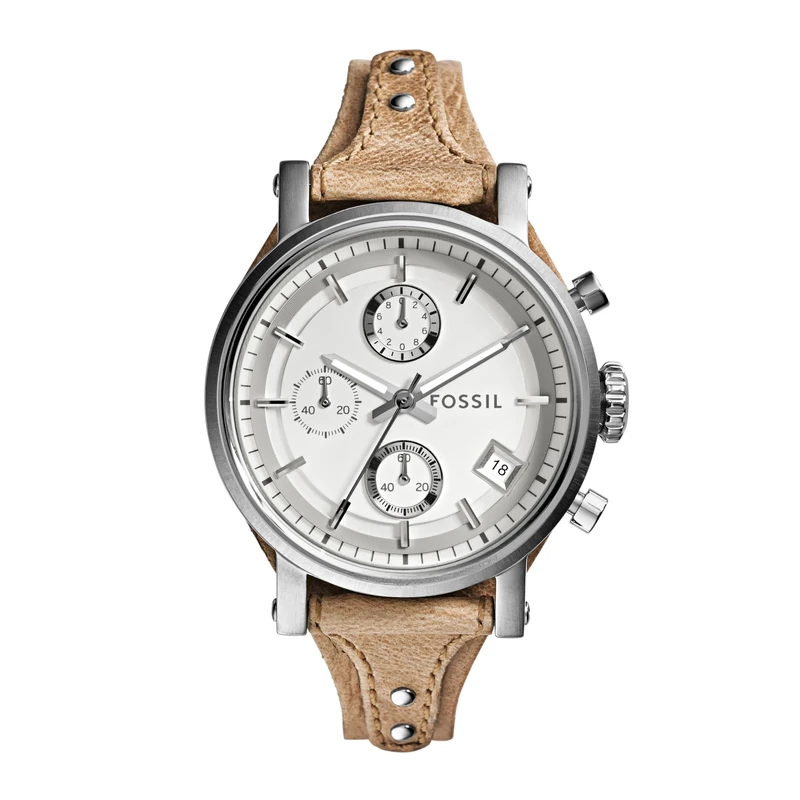 Fossil Watch for Women Original Boyfriend, Quartz Chronograph Movement, 38 mm Silver Stainless Steel Case with a Genuine Leather Strap, ES3625