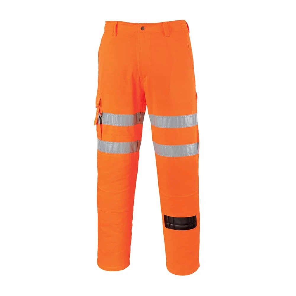 Portwest RT46 Hi Vis Rail Work Trousers Poly Cotton Water Resistant Texpel Multi Pocket Knee Pad Compatible Reflective Safety Pants Orange EN ISO 20471 RIS 3279-TOM, Regular, Large