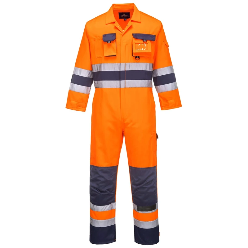 Portwest TX55 Nantes Hi-Vis Contrast Coverall Mens Workwear Boiler Suit Reflective Tape Multi Pocket Polycotton Construction Road Rail Utility Overalls Unisex, Orange/Navy, M