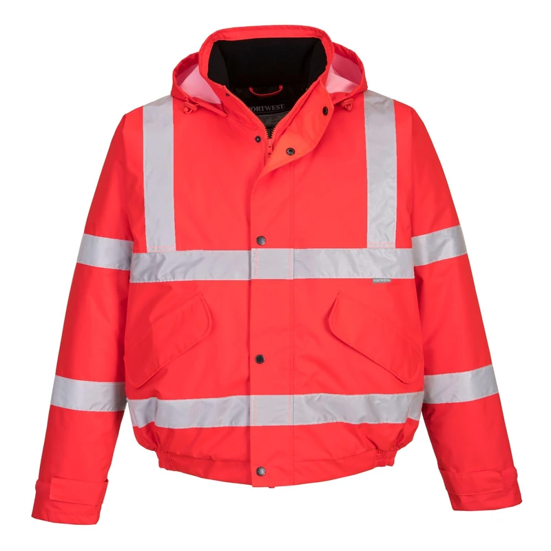 Portwest S463 Men's Hi-Vis Winter Bomber Jacket Waterproof Safety Cold Protection EN342 Certified Reflective Tape Texpel Eco Fabric Multiple Pockets Pack Away Hood, Red, S