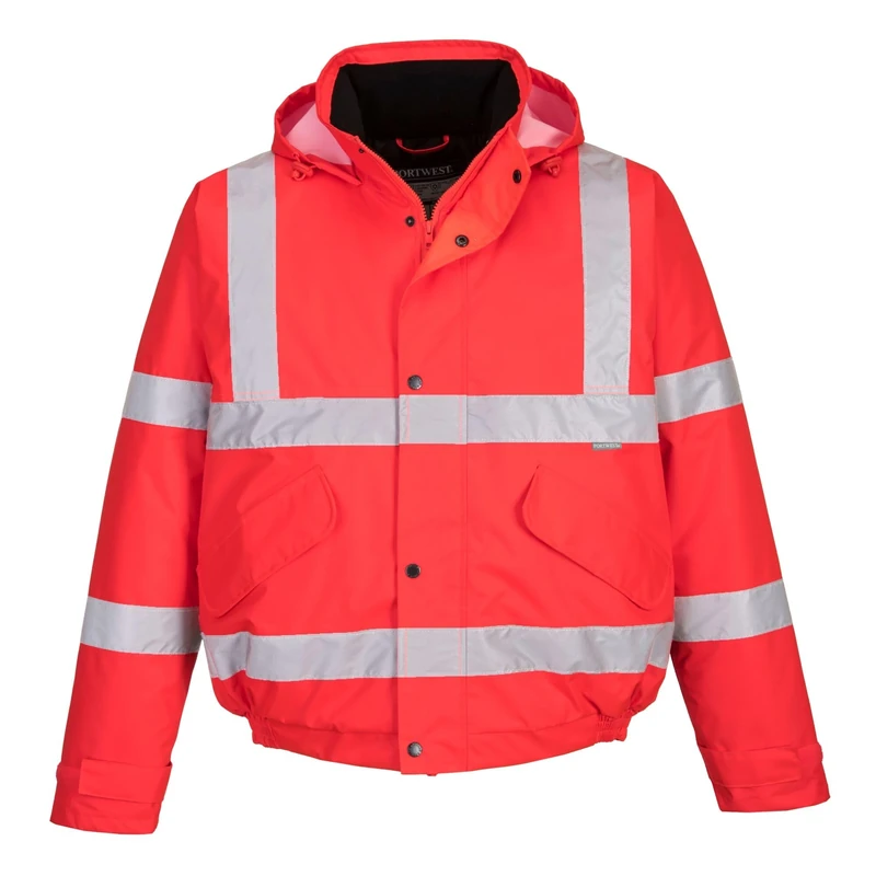 Portwest S463 Men's Hi-Vis Winter Bomber Jacket Waterproof Safety Cold Protection EN342 Certified Reflective Tape Texpel Eco Fabric Multiple Pockets Pack Away Hood, Red, 3XL