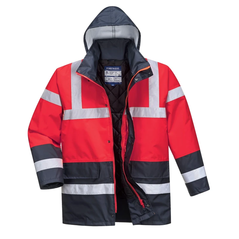 Portwest S466 Hi-Vis Contrast Winter Traffic Jacket Mens Waterproof Reflective Safety Workwear Cold Weather Protection 300D Industry High Visibility, Red/Navy, S - Image 1