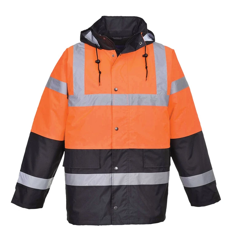 Portwest S467 Men's Hi Vis Contrast Winter Traffic Jacket EN342 CE Certified Waterproof Quilt Lined Storm Flap Reflective Tape Hood Safety Coat, Orange, 5XL