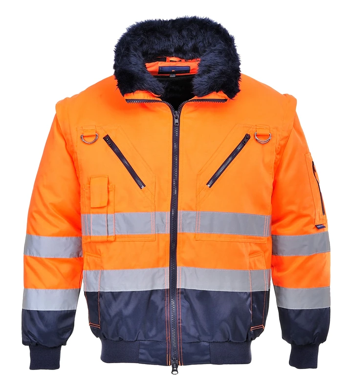 Portwest PJ50 Hi-Vis 3-in-1 Pilot Jacket Waterproof Reflective Workwear Coat Detachable Sleeves Fur Liner Multi-Pocket Fleece Lining EN ISO 20471 Certified, Orange/Navy, S