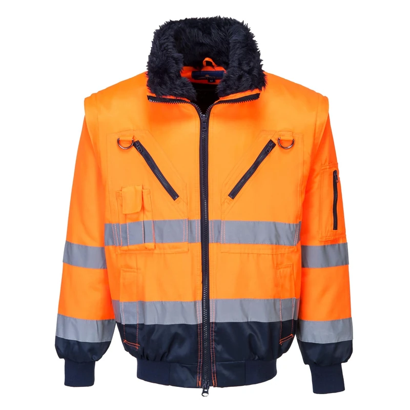 Portwest PJ50 Hi-Vis 3-in-1 Pilot Jacket Waterproof Reflective Workwear Coat Detachable Sleeves Fur Liner Multi-Pocket Fleece Lining EN ISO 20471 Certified, Orange/Navy, XL