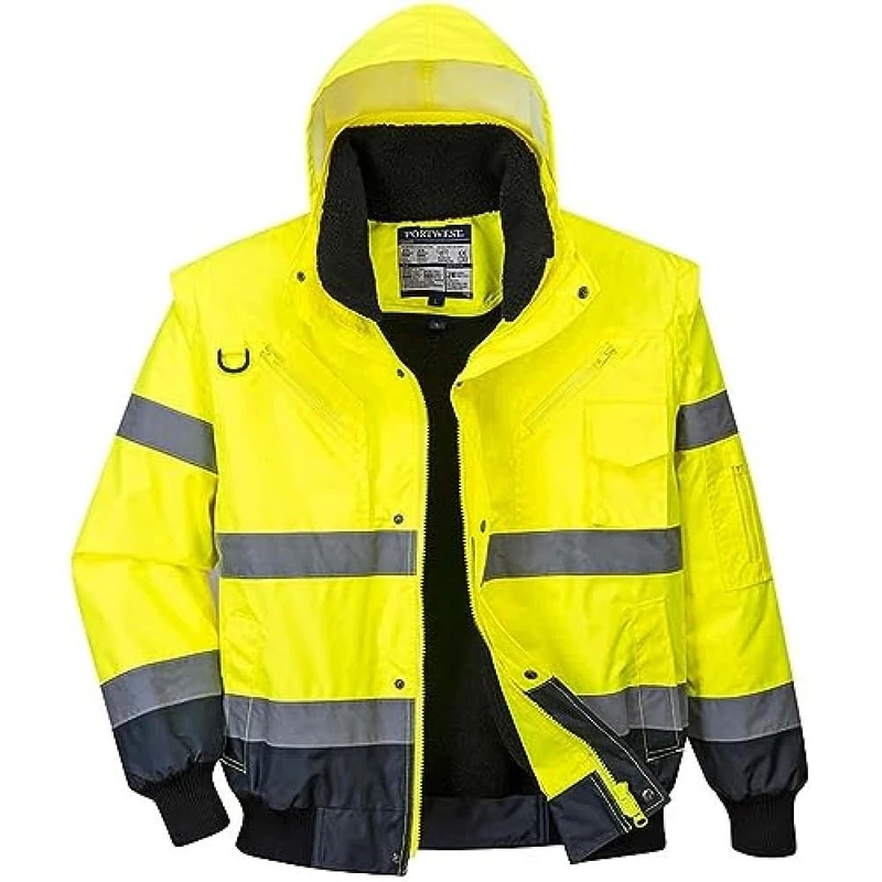 Portwest C465 Hi-Vis 3-in-1 Waterproof Contrast Hooded Bomber Jacket with Pockets - Reflective Outdoor Safety Security Workwear Coat, Yellow/Navy, 5XL