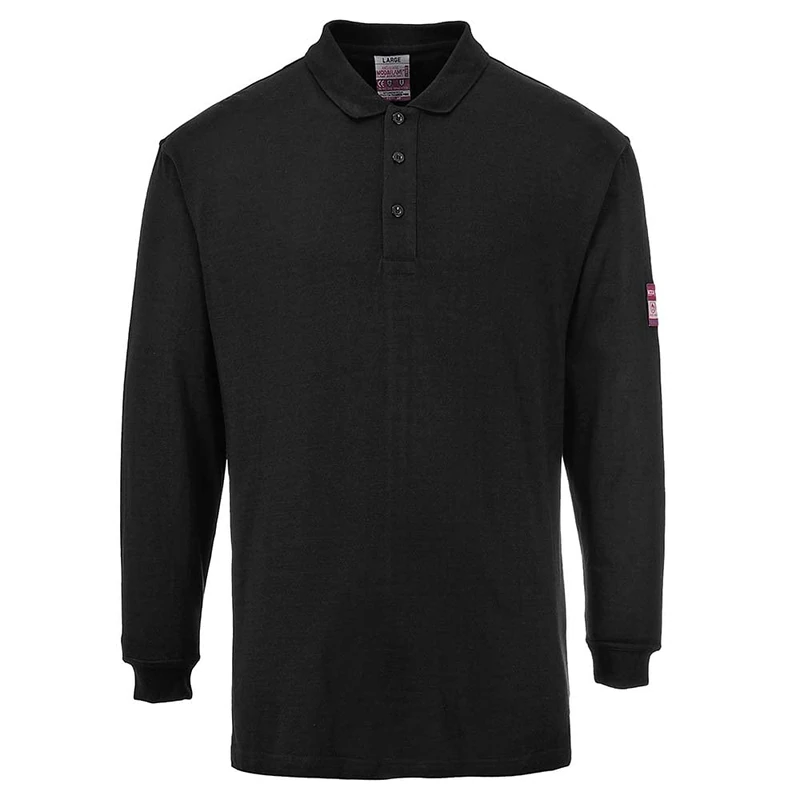 Portwest FR10 Men's Flame Resistant Anti-Static Long Sleeve Polo Shirt - Lightweight Fireproof Welding ESD FR Safety Workwear, Black, L