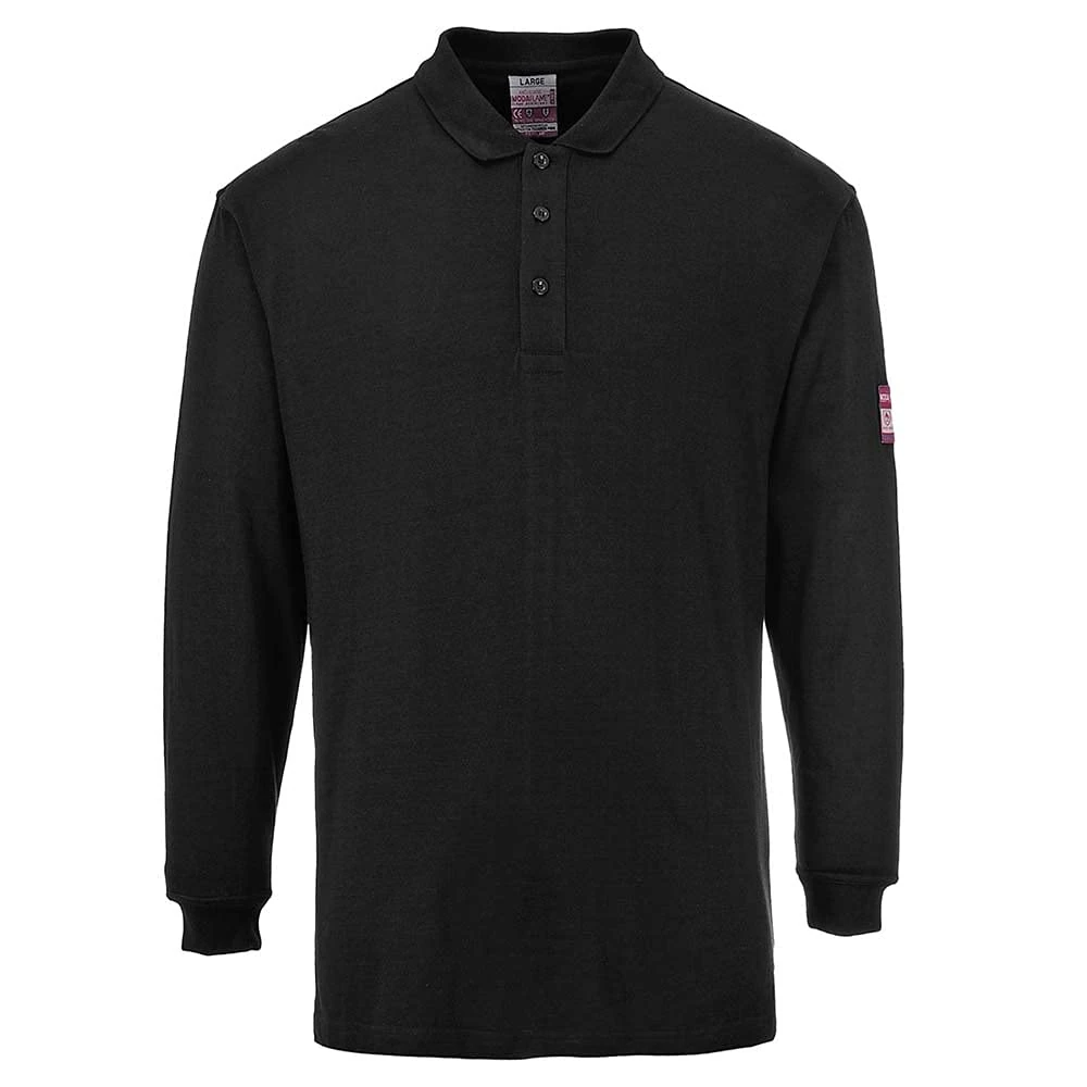 Portwest FR10 Men's Flame Resistant Anti-Static Long Sleeve Polo Shirt - Lightweight Fireproof Welding ESD FR Safety Workwear, Black, S
