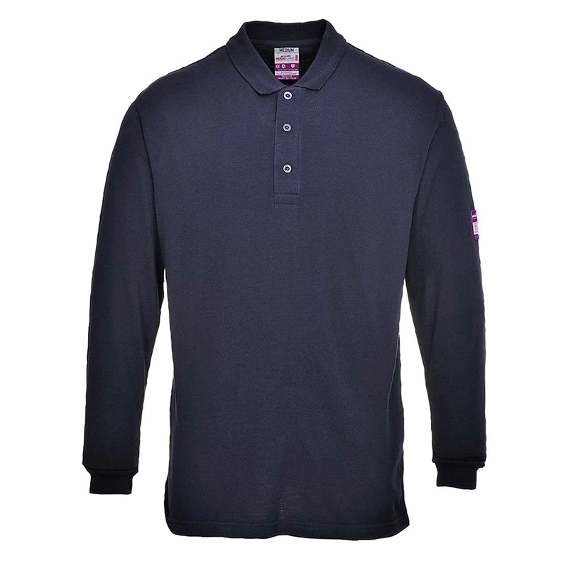 Portwest FR10 Men's Flame Resistant Anti-Static Long Sleeve Polo Shirt - Lightweight Fireproof Welding ESD FR Safety Workwear, Navy, 5XL