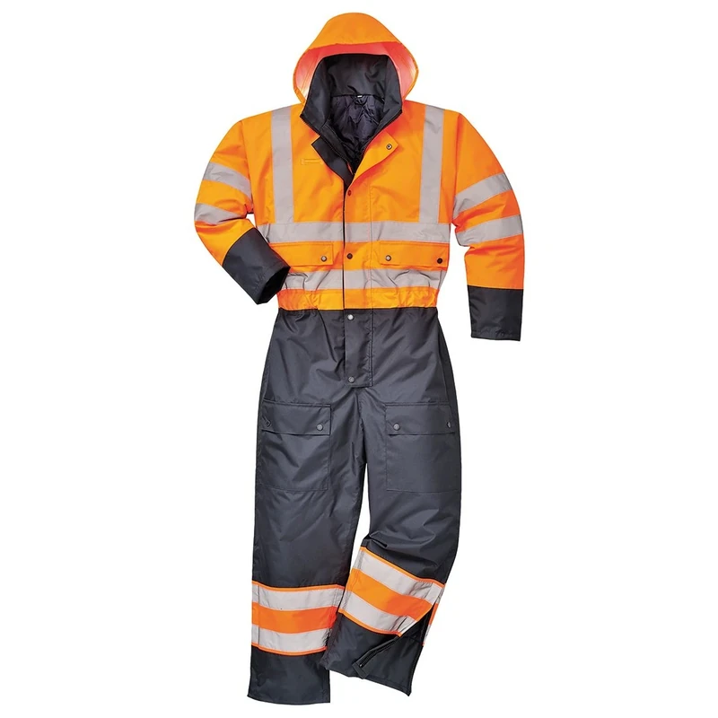 Portwest S485 Men's Hi Vis Winter Work Coveralls Waterproof 300D Polyester Protective Boiler Suit Durable Overalls Thermal Lined Workwear Rain Suit, Orange/Navy, XX-Large