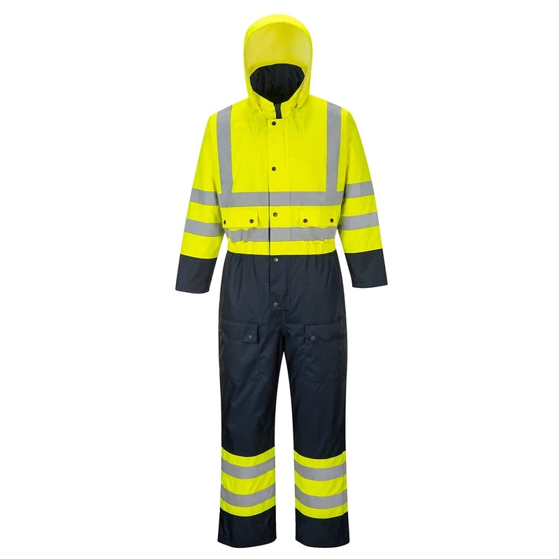 Portwest S485 Men's Hi Vis Winter Work Coveralls Waterproof 300D Polyester Protective Boiler Suit Durable Overalls Thermal Lined Workwear Rain Suit, Yellow/Navy, X-Large