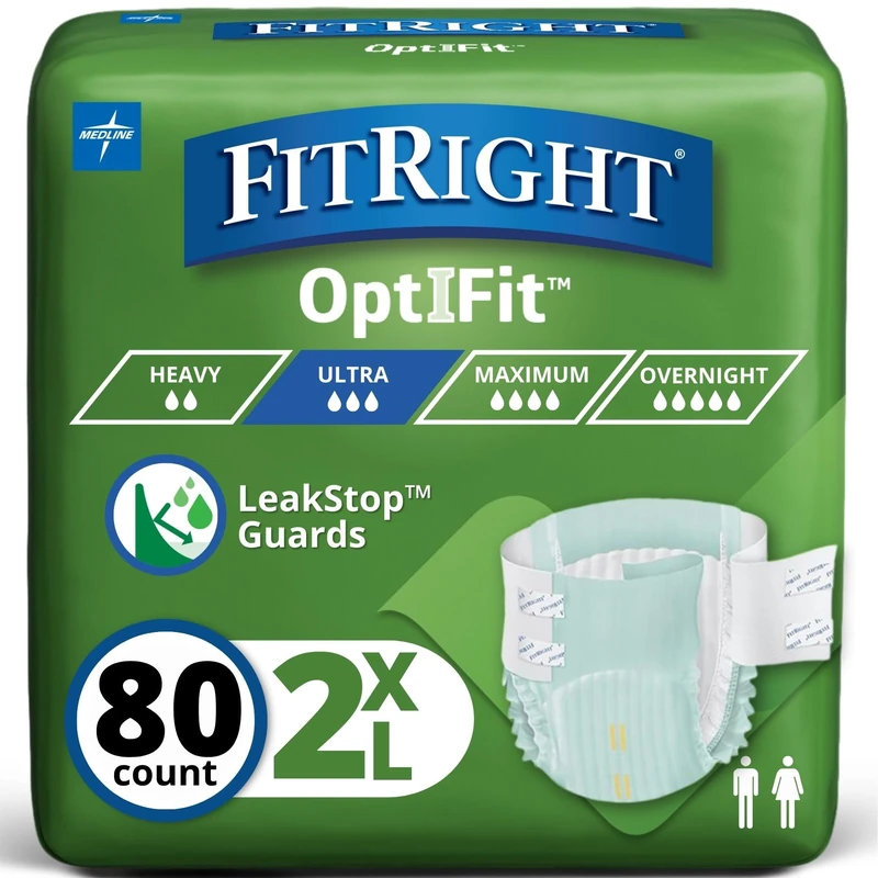 FitRight Ultra Adult Diapers, Disposable Incontinence Briefs with Tabs, Heavy Absorbency, XX-Large, 60"-69", 4 packs of 20 (80 total)