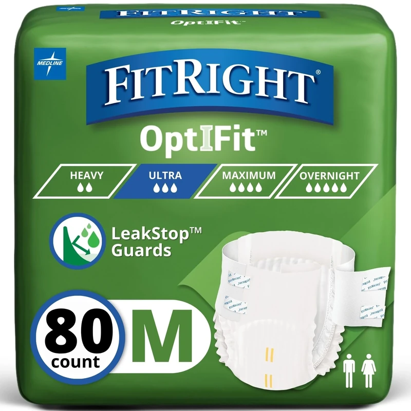 FitRight Ultra Adult Diapers, Disposable Incontinence Briefs with Tabs, Heavy Absorbency, Medium, 32"-42", 4 packs of 20 (80 total)