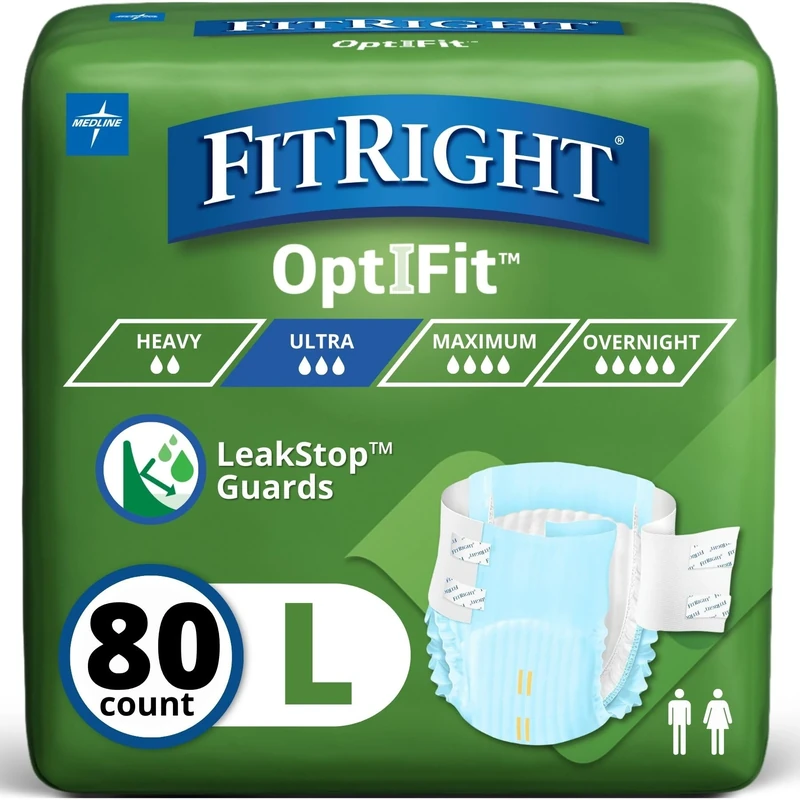 FitRight Ultra Adult Diapers, Disposable Incontinence Briefs with Tabs, Heavy Absorbency, Large, 44"-56", 4 packs of 20 (80 total)
