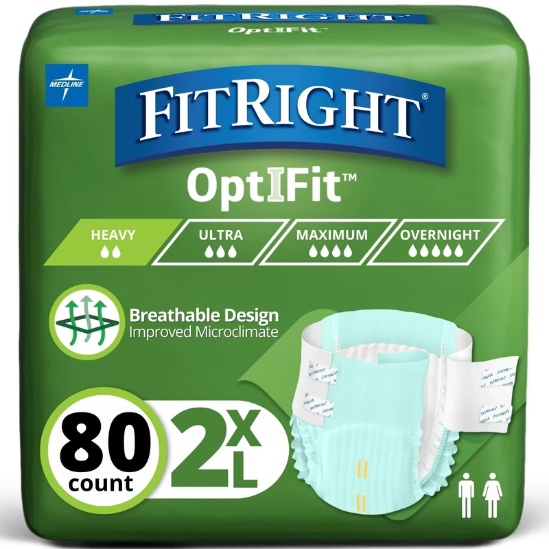 FitRight OptiFit Extra Adult Briefs, Incontinence Diapers with Tabs, Moderate Absorbency, 2XL, 60 to 70", 20 Count (Pack of 4)
