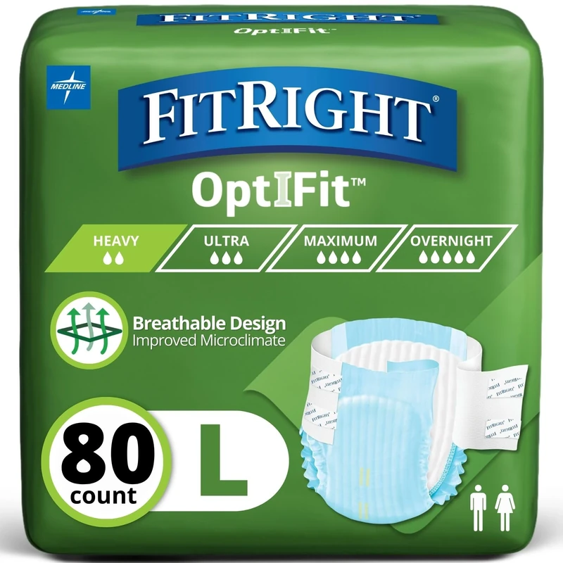 FitRight OptiFit Extra Adult Briefs, Incontinence Diapers with Tabs, Moderate Absorbency, Large, 44 to 56", 20 Count (Pack of 4)