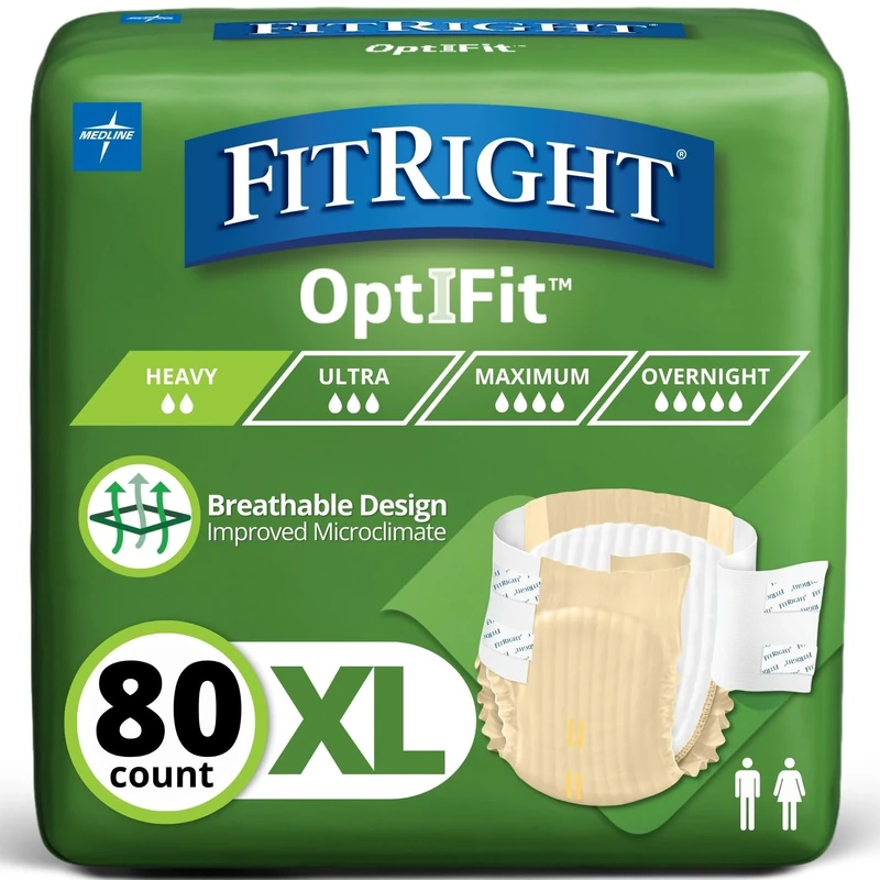 FitRight OptiFit Extra Adult Briefs with Tabs, Moderate Absorbency, X-Large, 57"-66", 4 Packs of 20 (80 total)